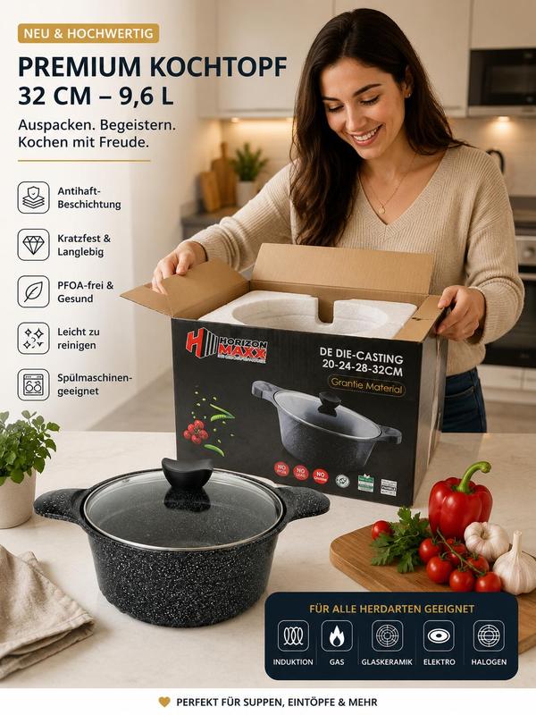 HORIZON MAXX Premium Granit Topfset 8-teilig – Hochwertige Antihaftbeschichtung – 20/24/28/32 cm – Induktionsgeeignet