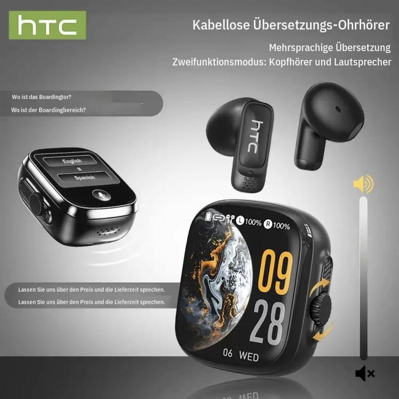 HTC NE72 KI translation earbuds with case featuring touchscreen, no app required, real-time translation, wireless Bluetooth earbuds