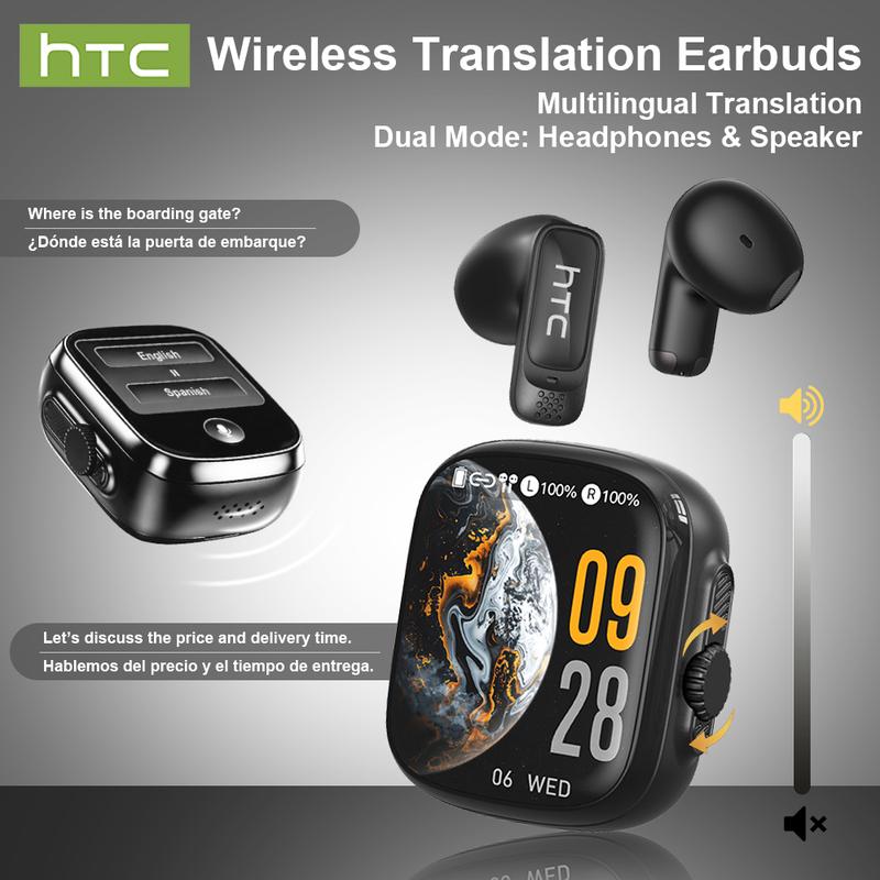 HTC NE72 TWS Ohrhörer, Bluetooth 6.0 Kopfhörer, mehrsprachige Übersetzung, mit App, Etui für Ohrhörer unterstützt externe Audioausgabe, kabellose Ohrhörer mit intelligenter LED-Touchbedienung, geeignet für Gaming, Büroarbeit, Sport, Lernen und Sprachaufru