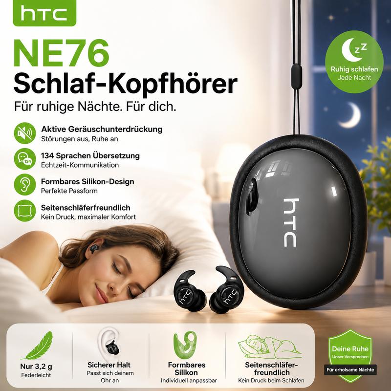 HTC NE76 Mini Schlaf Earbuds – Unsichtbare Kabellose Kopfhörer mit Geräuschunterdrückung, Ultra Komfort Design, Sicherer Halt, 134 Sprachen Übersetzer, Perfekt für Schlafen, Reisen & Alltag