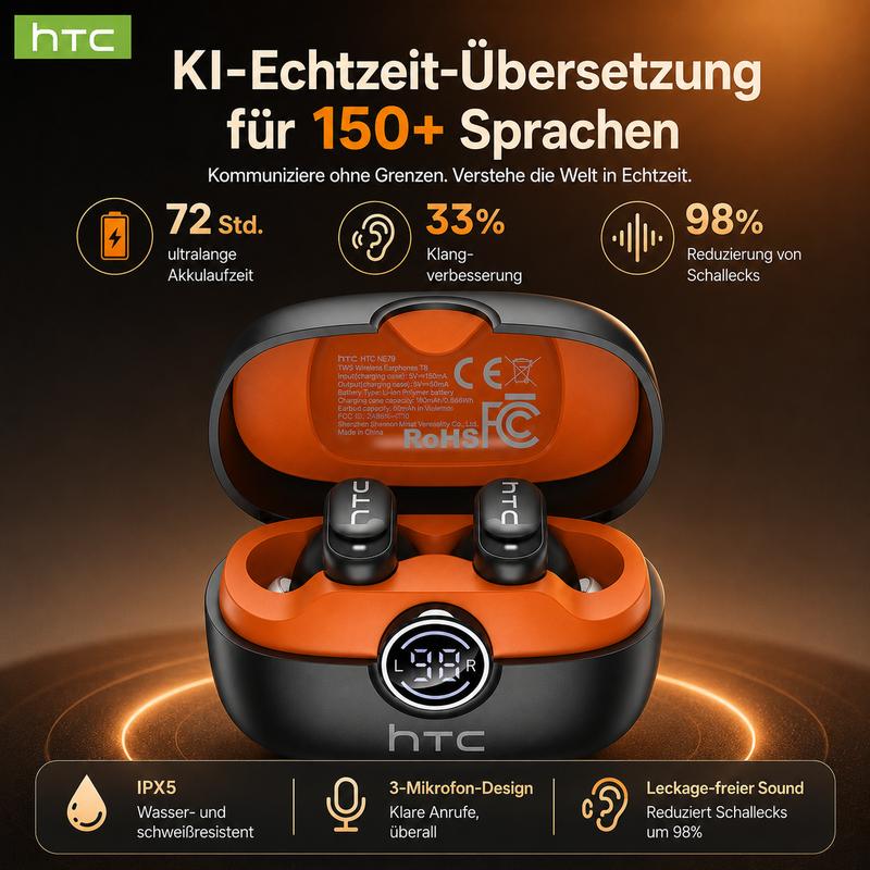 HTC NE79 Bluetooth-Kopfhörer mit KI-Übersetzung 2026 – Neuestes Modell mit Noise Cancelling, Echtzeit-Übersetzung für 150+ Sprachen, LED-Digitaldisplay im Ladecase, IPX5 Wasserfest, HiFi-Stereo & 72h Spielzeit – Kompatibel mit allen Smartphones