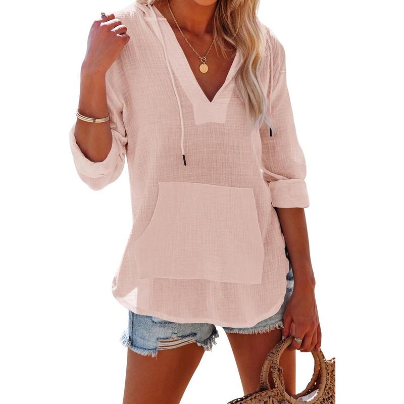 Imily Bela Frauen Strand Cover Up Hoodies Sweatshirt Langarm V Hals Pocketed Hooded Shirt Top