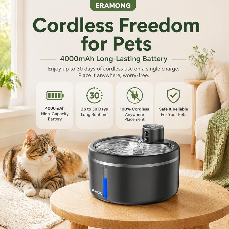 Intelligenter kabelloser dynamischer Wasserspender für Katzen, ultraleise, 2,5 L / 84,54 oz, automatischer Wasserbehälter für Haustiere mit vierlagigem Filtersystem, ultraleiser Wasserdurchfluss, doppelte Stromversorgung, für Katzen und Hunde