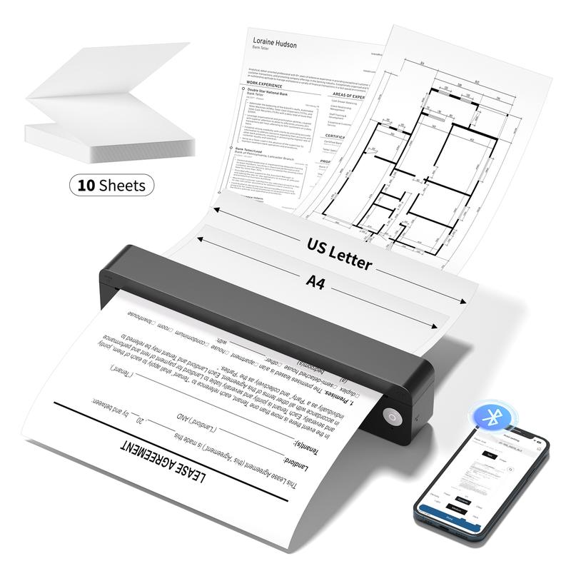JADENS JD166 tragbarer A4‑Thermo‑Drucker mit Bluetooth, wiederaufladbarer Drucker für Reisen, tintenloser kabelloser Drucker, unterstützt US‑Briefpapier, 203 dpi schnelle Druckleistung für Bilder und PDFs