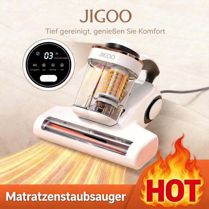 JIGOO J300 Milbensauger mit Staubmilben-Sensor und Intelligenter LED-Anzeige, 500W Milbenstaubsauger mit UV-Licht, Ultraschall, Für Allergiker, entfernt 99,9% Allergene von Matratzen, Betten und Sofas