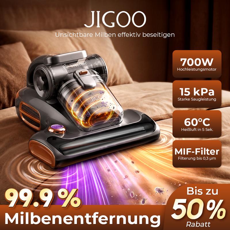 JIGOO T600 Milbensauger mit UV-Licht & Heißluft [700W/15kPa] – 99,9% Allergen-Entfernung, Duftende Negative Ionen, Für Matratzen/Sofas/Teppiche (Leise & Effizient)