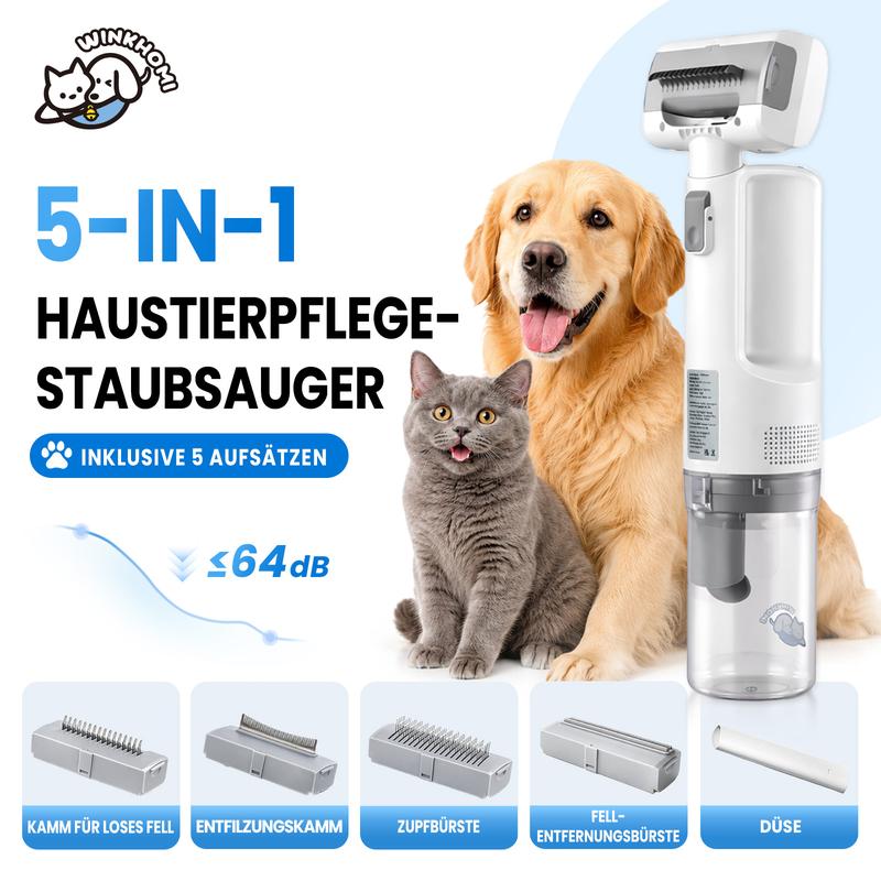Kabelloser Tierhaar-Staubsauger–Winkhomi 5-in-1 Bürstenaufsätze,haustierfreundlich und geräuscharm(≤64 dB),drei Saugstufen, kompakt&tragbar, reisefreundlich, USB-wiederaufladbar, ideal zur Tierhaarentfernung sowie zur Reinigung von Stoffen und Autositzen