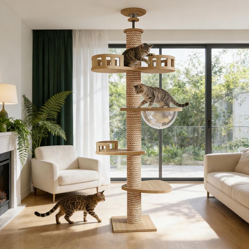 Katzenbaum von der Decke bis zum Boden, mehrstöckiger Holz-Katzenbaum, Kratzpfosten, Höhenverstellbar 255–265 cm, Kletterzentrum für Katzen im Innenbereich, Haustiermöbel