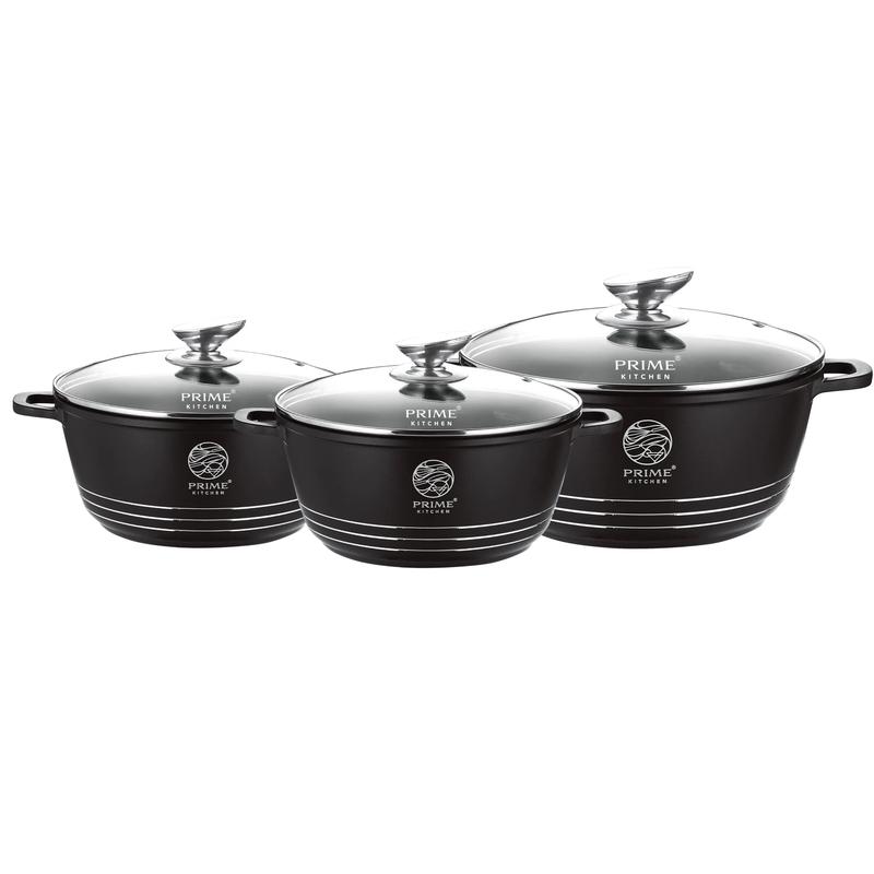Keramik Kochtopf-Set 3-teilig – 28cm / 32cm / 36cm – Aluguss Töpfe mit Glasdeckel, Induktion geeignet