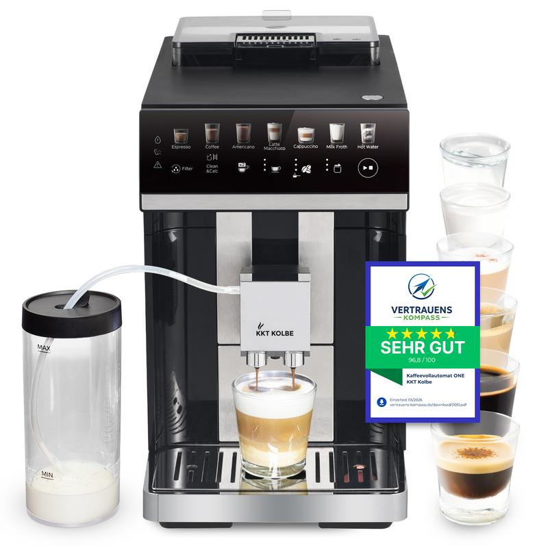 KKT KOLBE One Kaffeevollautomat mit Milchsystem für 7 Getränke, frisch gemahlene Bohnen, extra cremiger Milchschaum, automatische Pflegeprogramme inklusive Milchbehälter und Wasserfilter