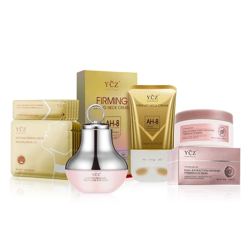 Komplettes Augen- und Hals-Pflegeset von YCZ: Elektrische Massage-Augencreme + Koffein-Augenpflaster + Halscreme + polypeptide Straffende Halsmaske – Anti-Falten | Straffung | Feuchtigkeitspflege