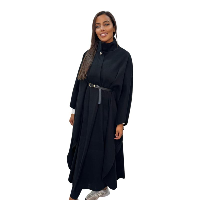 Langer Damen-Oversize-Cape mit Gürtel, elegant – schicker Poncho mit hohem Kragen für die Übergangszeit