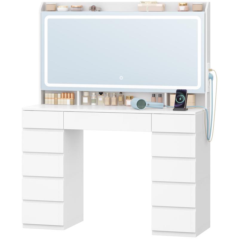 [Lot de 2] Hzuaneri grand meuble à maquillage avec grand miroir HD, meuble à maquillage avec éclairage LED, 3 couleurs, luminosité réglable, coiffeuse avec 11 tiroirs, meubles à maquillage pour la chambre, blanc
