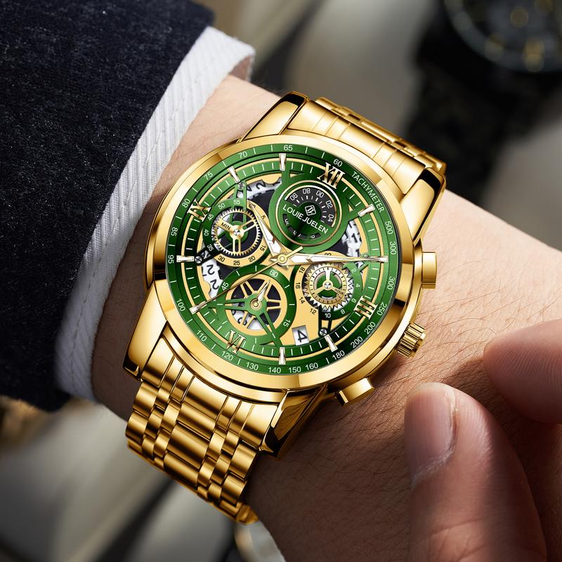 Louie Juelen Herrenuhr Mode und Trends, cool und lässig, wasserdicht, multifunktional, mit Quarzwerk, Edelstahlarmband, farbige Zifferblatt