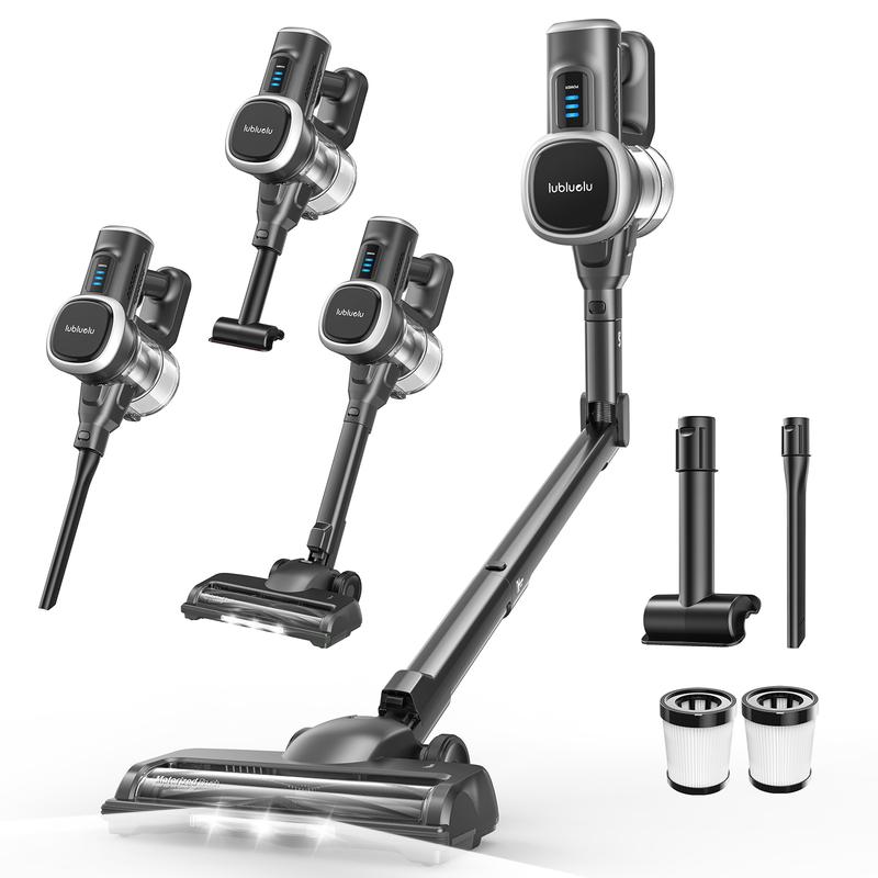 Lubluelu Akku Stabstaubsauger, 45.000 Pa Saugkraft, Anti-Haarverwicklungsbürste mit LED-Licht, 90° klappbares Metallrohr, 6-fach Filtersystem, freistehend, 55 Min Laufzeit, 500-ml-Staubbehälter, für Tierhaare, Hartböden & Teppiche