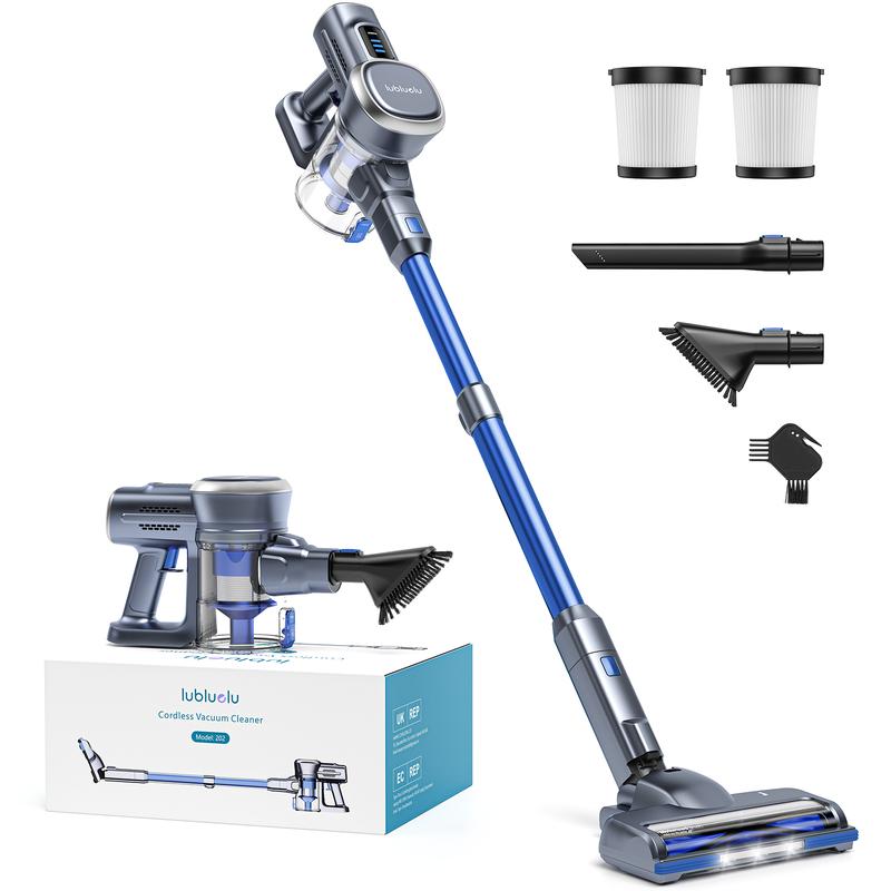 Lubluelu Akku Stabstaubsauger, 600 W, 55.000 Pa Saugkraft, Anti-Haarverwicklungsbürste mit LED-Licht, 90° klappbares Saugrohr, 7-fach Filtersystem, freistehend, 65 Min Laufzeit, für Hartböden, Teppiche & Tierhaare
