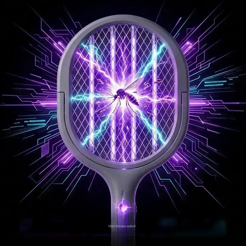 Mückenvernichter – elektrische Mückenbesitzer-Schaufel 2-in-1, USB wiederaufladbare Insekten-Schaufel mit 3000 V und rotierender Spitze, elektrischer Fliegengitter für Zuhause/Balkon/Garten/Camping, Grau