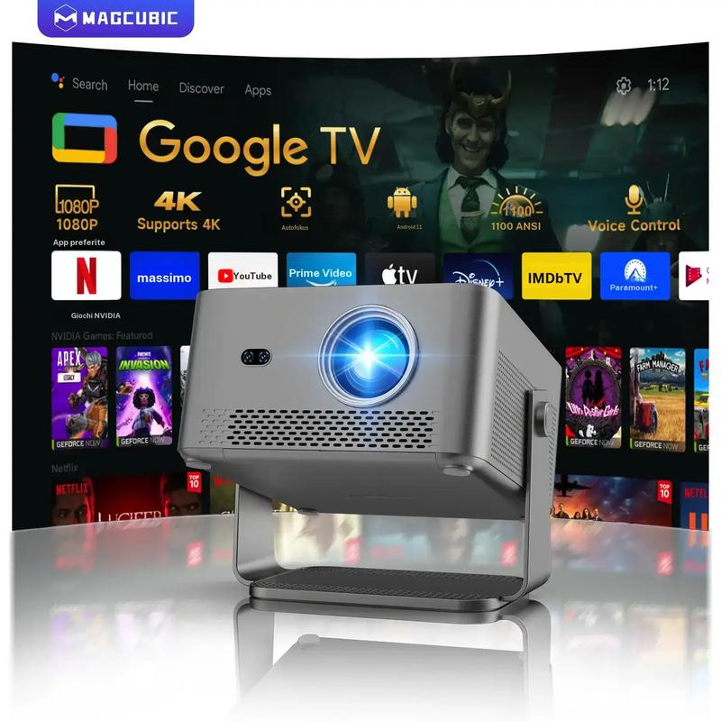 Magcubic HY450GT Projektor offiziell zertifiziertem Google TV – 1100 ANSI Lumen, mit Autofokus und 4K Decoding, integriertem Google Sprachassistenten, 15 W HiFi Lautsprechern, nativer 1080P und HDR10, WiFi 5 + Bluetooth 5.0 – Smart Home Cinema Projektor