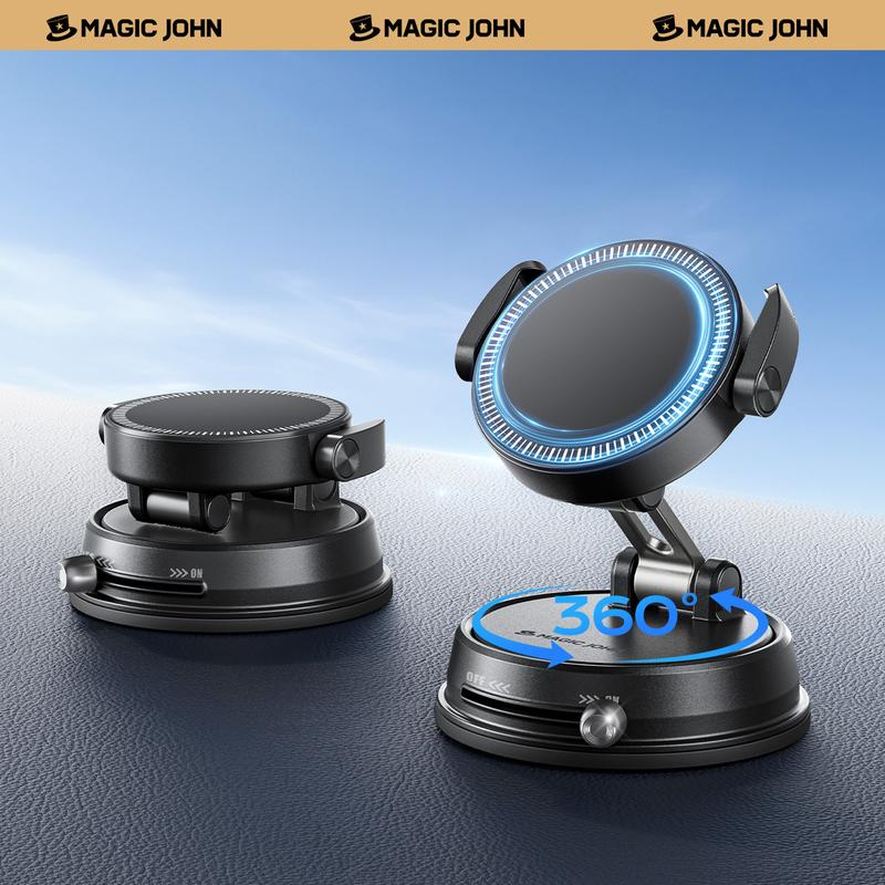 MAGIC JOHN - Clip-on-Autotelefonhalter, starker Magnetgriff, rutschfest, faltbar, 360 ° verstellbar, für Autonavigation und Heimgebrauch, funktioniert mit oder ohne magnetische Telefone