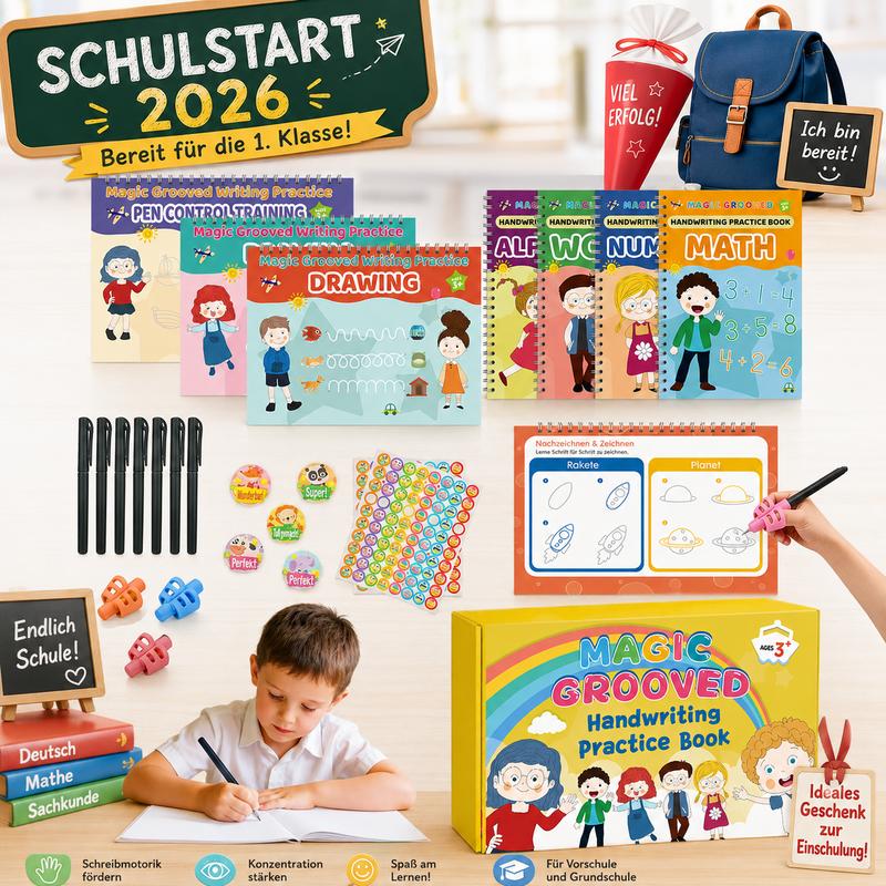 Magisches Schreiblernheft mit 3D-Rillen, 4er-Set für Kinder ab 3 Jahren – Wiederverwendbare Vorschul-Übungshefte für Buchstaben, Zahlen, Schwungübungen und Formen, inkl. Zauberstift mit selbstverblassender Tinte und Stifthilfe