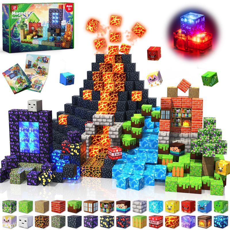 Magnetische Bausteine 150 Stück – Leuchtende Magnetwürfel, Dinosaurier-Portal Rot, STEM Montessori Spielzeug für Kinder Jungen Mädchen 4–8 Jahre, Lernspielzeug, Weihnachts- & Geburtstagsgeschenk