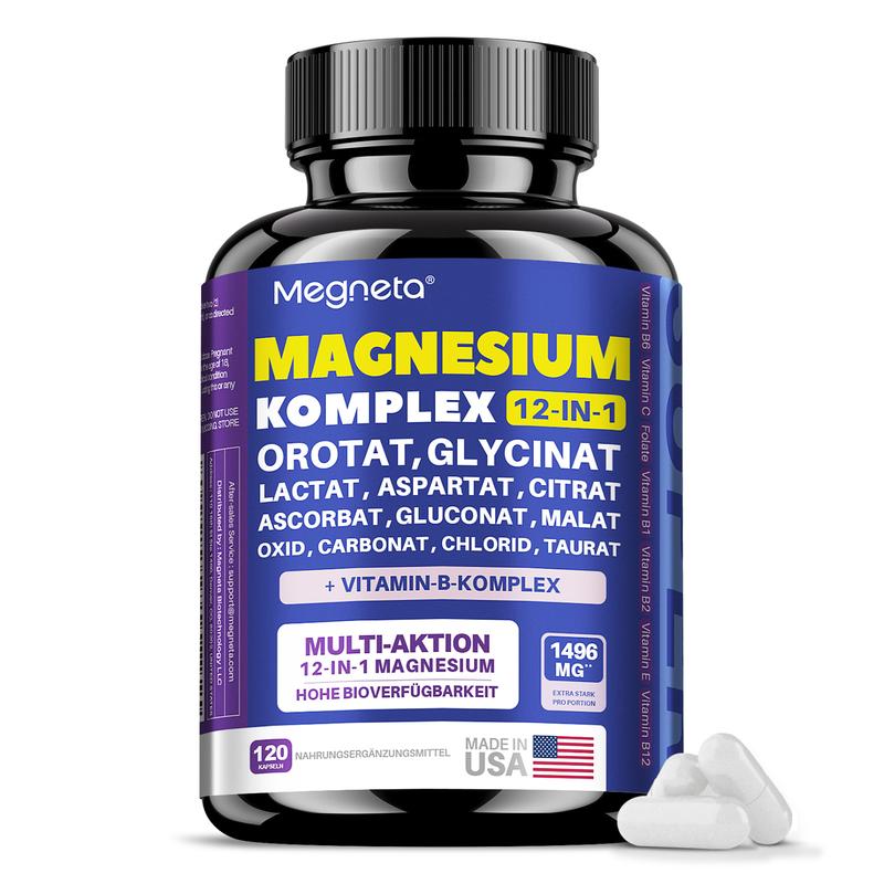 Megneta 12-in-1 Magnesium komplex + B-Vitamine – 120 Kapseln, hohe Konzentration, unterstützt Energie, Schlaf und Erholung
