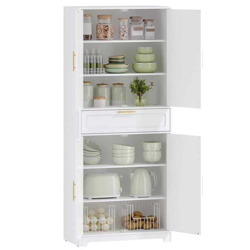 Meuble de cuisine Hzuaneri, armoire haute avec 4 portes, meuble latéral avec 1 grande tiroire, buffet, armoire pour salle à manger, étagères réglables, pour salle à manger, cuisine, salon