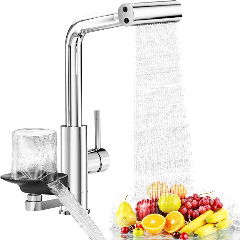 Moderne 360° drehbare Küchenarmatur mit ausziehbarer Duschkopf und integriertem Becherwascher, Wasserfall Spüle mit Glasabspüler, einhebelig, für 1 oder 3 lochige Montage, geeignet für Landhausstil und Bars, 360° drehbare Küchenarmaturen