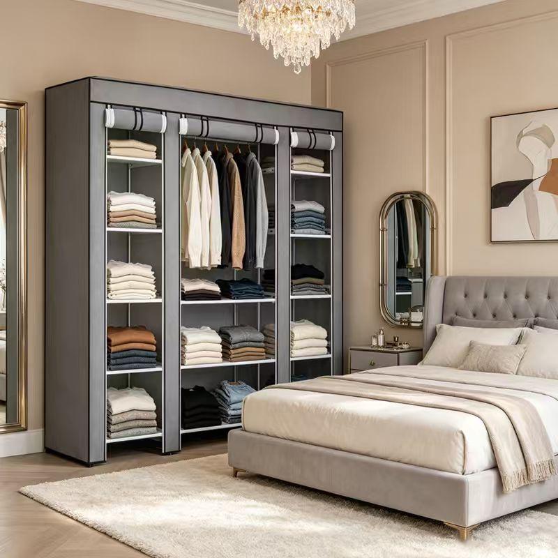 Modularer Kleiderschrank 147x43x175cm, Stabiler Stoffschrank mit 2 Fächern & Regalen, Werkzeuglose Montage, Staubdicht, Grau