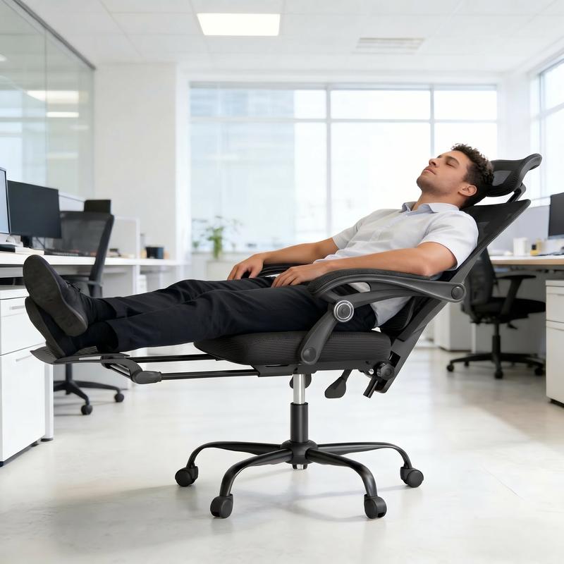 Mr IRONSTONE Ergonomischer Bürostuhl mit Fußstütze, verstellbarer Lendenwirbelstütze, hoher Mesh-Rückenlehne, 90–135° Kippverriegelung & breiter Sitzfläche – Tragkraft 181 kg, Schwarz