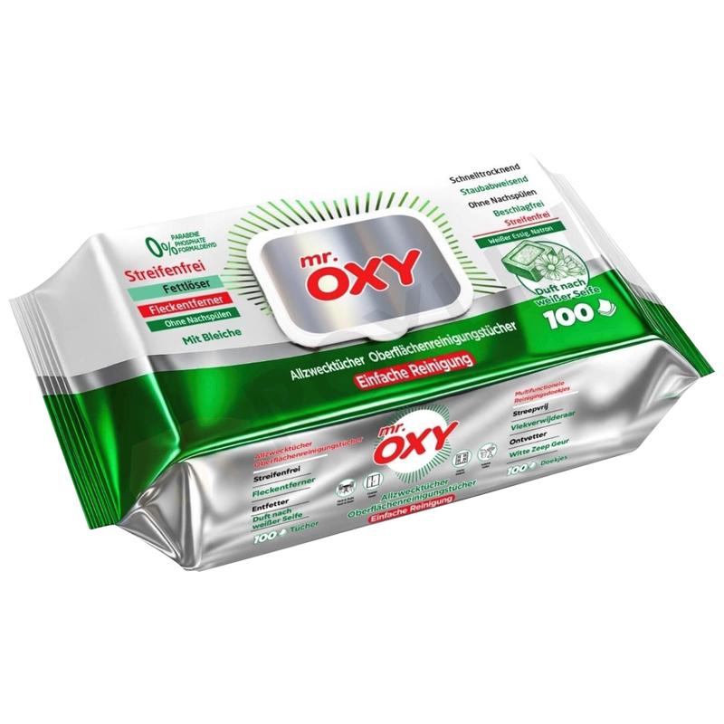 Mr. OXY Maxima Allzweck-Reinigungstücher 100 Stück Streifenfrei Fettlösend Schnell Trocknend Duft nach Weißer Seife Mit Weißem Essig & Natron Ohne Nachspülen Einfache Reinigung
