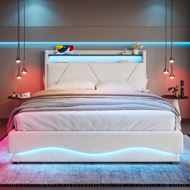 Multifunktionales Bettgestell 140x200/160x200 cm mit Kopfteilablage LED-Beleuchtung USB-Typ-C-Ladefunktion Stauraum hydraulisch Gasfederunterstützt CE-zertifiziert