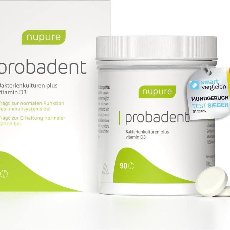 Nupure Probadent | Lutschtabletten mit Bakterienkulturen für die Mundflora, Zitronengeschmack, Frischer Atem gegen Mundgeruch | Mundhygiene ohne Mundspülung und Zungenreiniger (90 Kapseln - 90 Tage)