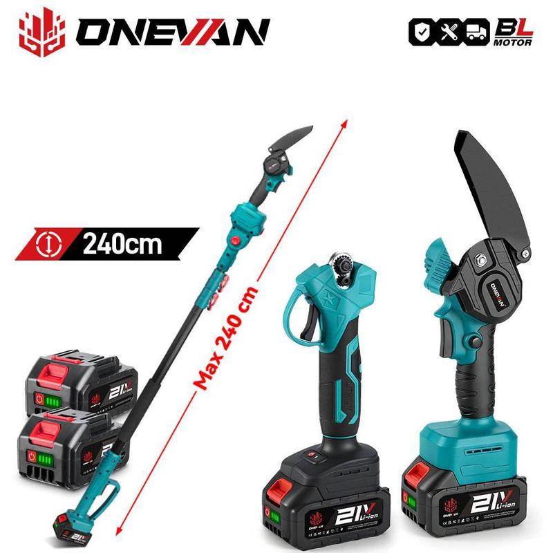 ONEVAN Garten elektrisches Werkzeugset, mit 2‑Meter ausziehbarer Stange, mit 2 × 21‑V‑Akkus, geeignet für Äste, Sträucher und Blumen