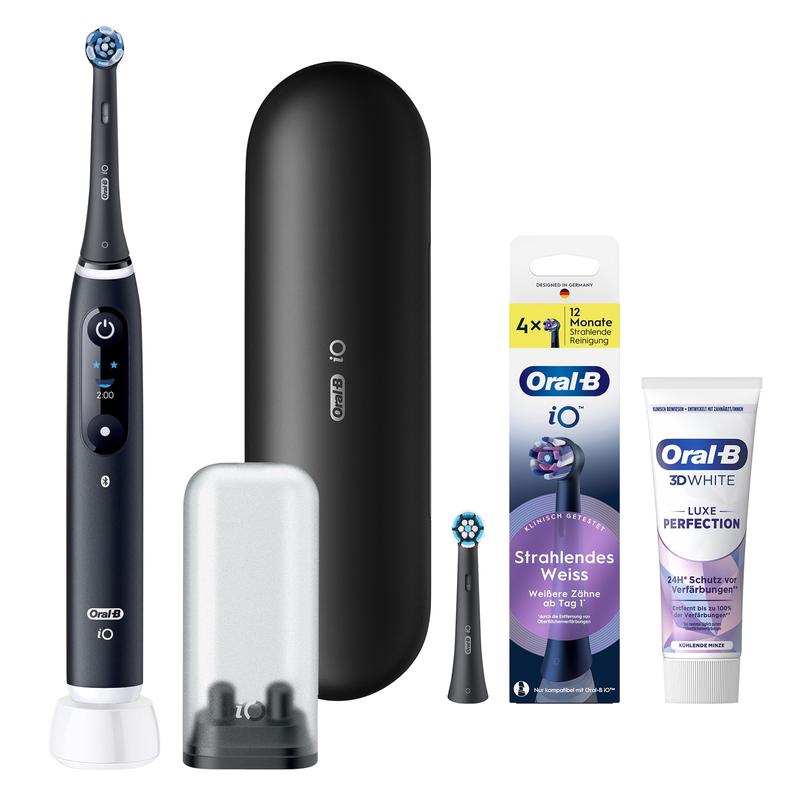 Oral-B iO Series 6 Black Elektrische Zahnbürste + iO Strahlendes Weiß Aufsteckbürsten, 4 Stück + Luxe Whitening Zahncreme