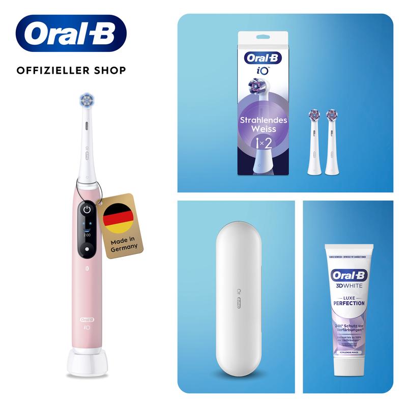 Oral-B iO Series 6 Pink Sand Elektrische Zahnbürste + iO Strahlendes Weiß Aufsteckbürsten 2 Stück + Luxe Whitening Zahncreme