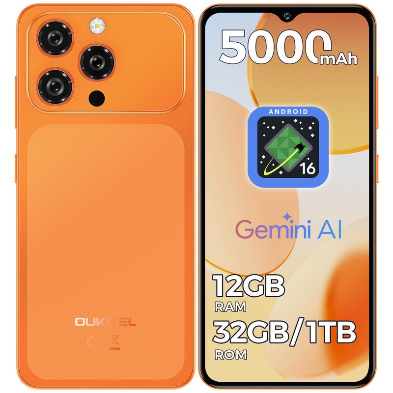 OUKITEL C17 Nouveau smartphone débloqué Android 16, 12 Go (3+9) + 32 Go/1 To, écran 6,52" HD+, appareil photo 13 MP + 8 MP, batterie 5000 mAh, smartphone triple SIM 4G/GPS