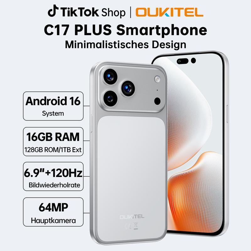 OUKITEL C17 PLUS Smartphone, freigegeben, großes 6,85"-Display mit HD+ und 120 Hz, 64 MP KI‑Kamera, 16 GB + 128 GB (erweiterbar auf 1 TB), 5000 mAh Akku, Schnellladung 18 W, Octa‑Core, Dual‑SIM, Mobiltelefon