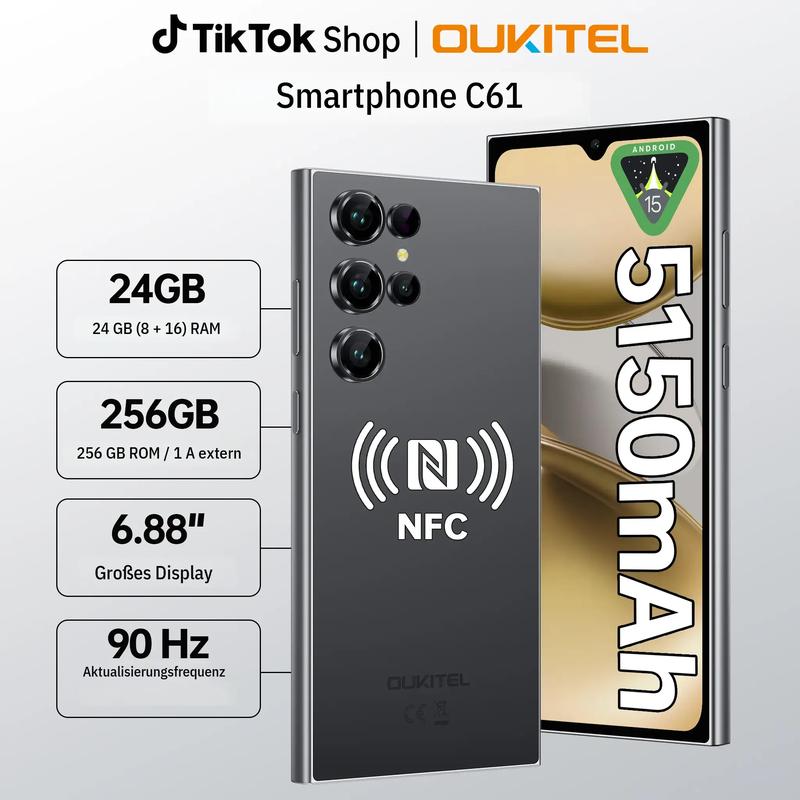 OUKITEL C61 PRO Mobiltelefone - Android 15, 24(8+16) GB + 256 GB/TF 1TB, Octa-Core-Smartphone, 6.88" HD + 90 Hz, 13 MP + 8 MP, 5150 mAh Akku, Dual-SIM 4G/OTG/GPS/NFC/Fingerabdruck/Gesichtserkennung.