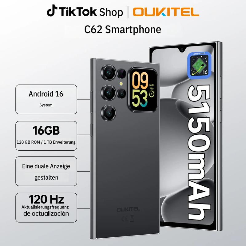 OUKITEL C62 Android 16 Smartphone, 1,81 Zoll intelligenter Rückbildschirm, 16 (4+12) GB + 128 GB/1 TB, Octa-Core-Smartphone, 6,88" HD+, 120 Hz, 5150 mAh Akku, 13 MP + 5 MP, Dual-SIM 4G/GPS/Fingerabdruck.