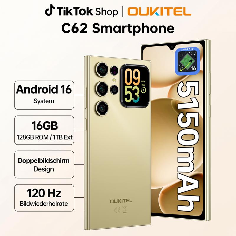 OUKITEL C62 Android 16 Smartphone Ohne Vertrag - 6.88" HD+ Handy mit Rückseitigem Display 16GB RAM+128GB ROM/1TB, 5000mAh Handy Günstig, Dual SIM Simlockfreie Handys/Face ID/GPS/OTG