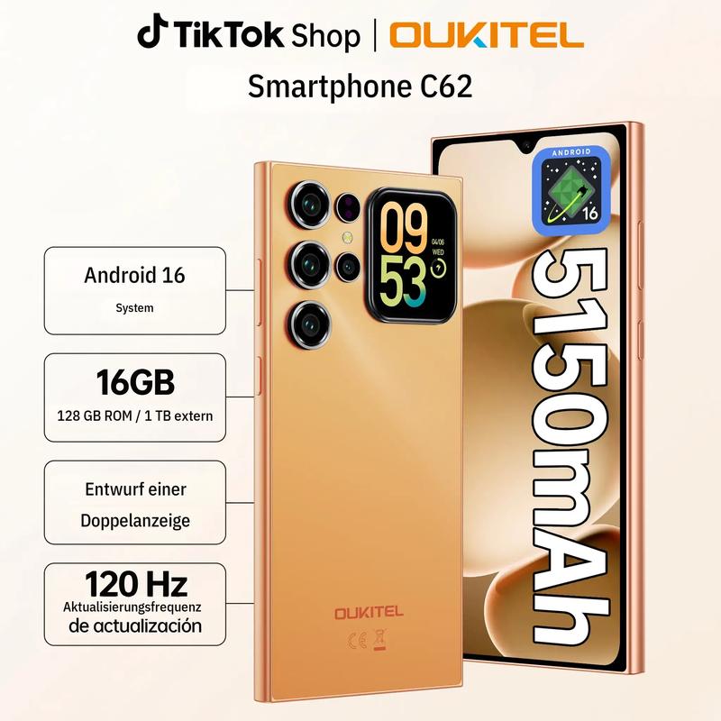 OUKITEL C62 Mobiltelefon, intelligenter Rückbildschirm von 1,81 Zoll, 16 (4+12) GB + 128 GB/1 TB, Android 16 Smartphone mit Octa‑Core‑Prozessor, 6,88" HD+ 120 Hz, 5150 mAh Akku, 13 MP + 5 MP, Dual‑SIM 4G/GPS/Fingerabdruck.