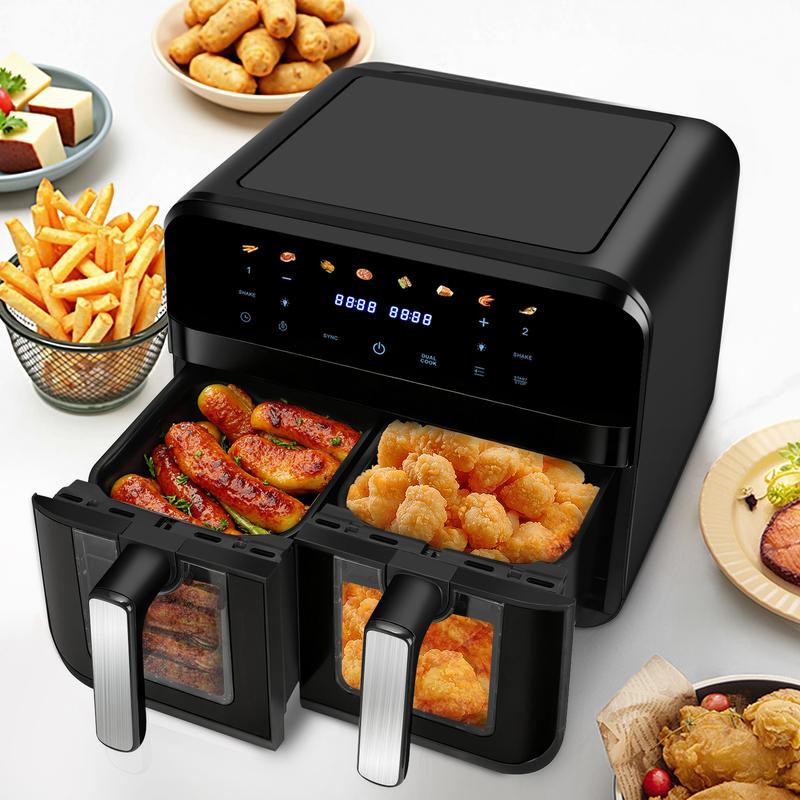 OYAJIA Heißluftfritteuse Doppelkammer XXL 9L, Airfryer mit 2 Körben, 8-in-1 Programme, Sync-Funktion, digitale Touchscreen mit Sichtfenster, ölfreies fettarmes Kochen, 2 Gerichte gleichzeitig