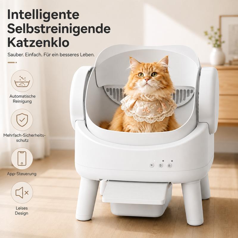 Petome Selbstreinigende Katzentoilette, automatische offene Katzentoilette mit App-Steuerung für mehrere Katzen, Sicherheitssensoren, Geruchskontrolle, großes Fassungsvermögen, inklusive 1 Rolle Müllbeutel
