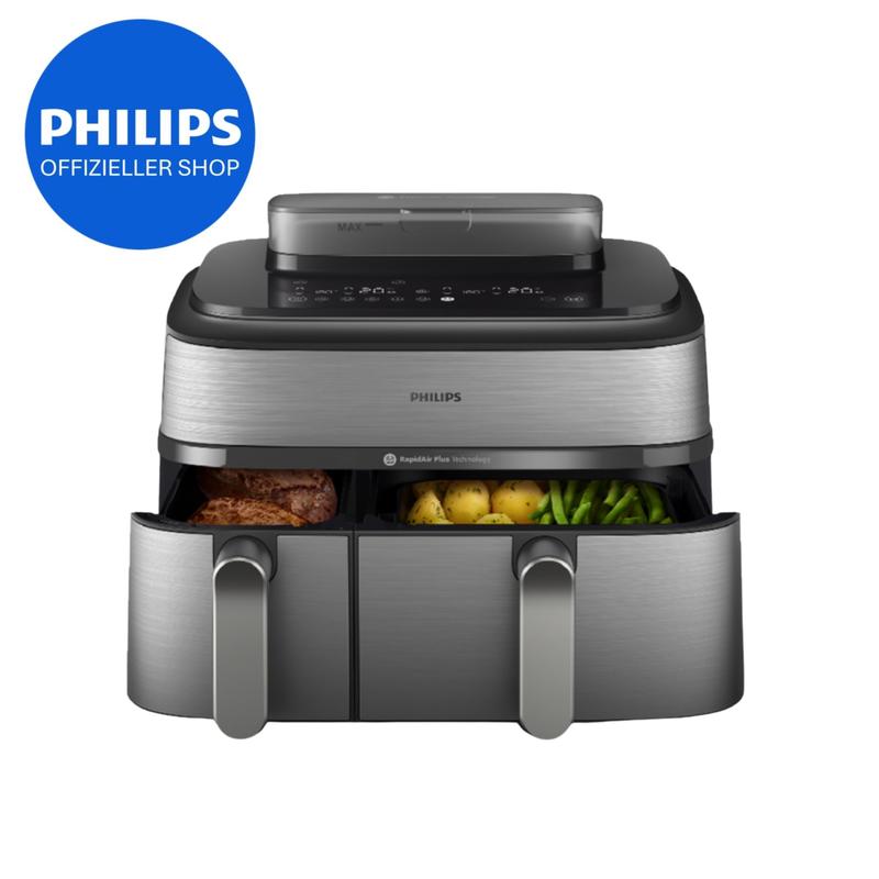 Philips Steam Airfryer 5000 Series, Doppelkorb, Dampfgarfunktion, 9 Liter, silber (NA555/00)