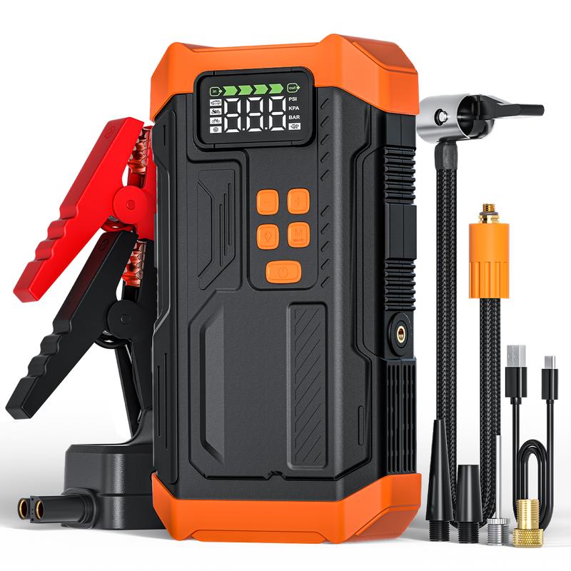 POVASEE 5000A Tragbarer 2-in-1-Startbooster mit Luftkompressor , 12V Starthilfe für Benziner mit 9 Zylindern und Dieselmotoren bis 8 Liter, multifunktionale Reifenpumpe mit LED-Licht und Powerbank-Funktion