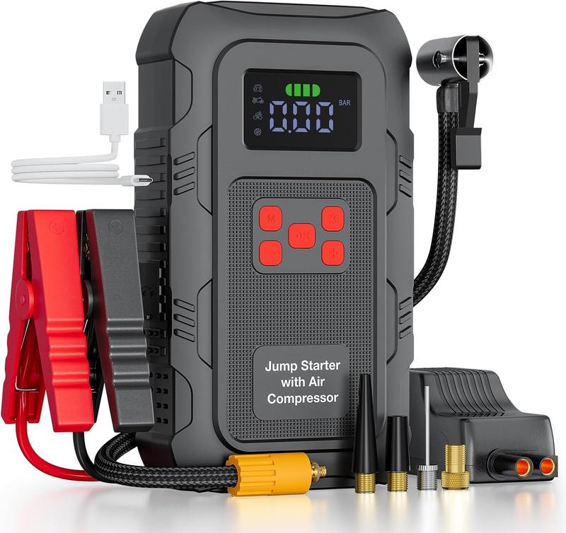 Povasee 6000A 24000mAh All-in-One Autostart-Set: tragbare 12V Powerbank + 150 PSI Luftkompressor für Notfall-Starthilfe und Reifenaufpumpung