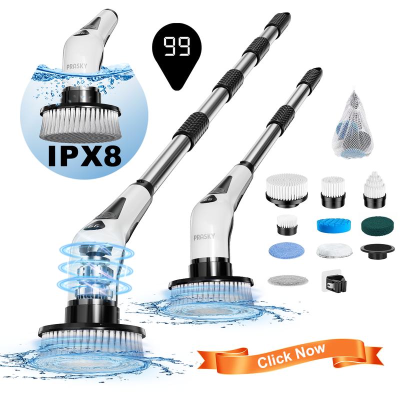 PRASKY Elektrische Reinigungsbürste IPX8 Made In EU & LED-Display 9 Bürstenaufsätze + 4 verstellbare Griffe für Bad Fliesen Dusche & Auto，Elektrische Reinigungsbürste