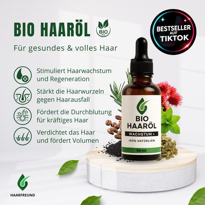 Premium BIO Haaröl Wachstum+¹ | Pflege für stärker, voller und gesünder wirkendes Haar | mit Schwarzkümmelöl, Rosmarinöl, Rizinusöl, Kürbiskernöl, Kaffeeöl und mehr