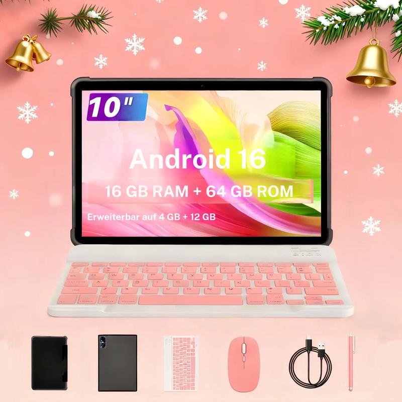 PRITOM Tablet Android 15 10,1″ — 16 GB RAM + 64 GB Speicher, mit Tastaturhülle, Akku mit 6000 mAh, Dual-Kamera, perfekt für die Schule und den täglichen Gebrauch
